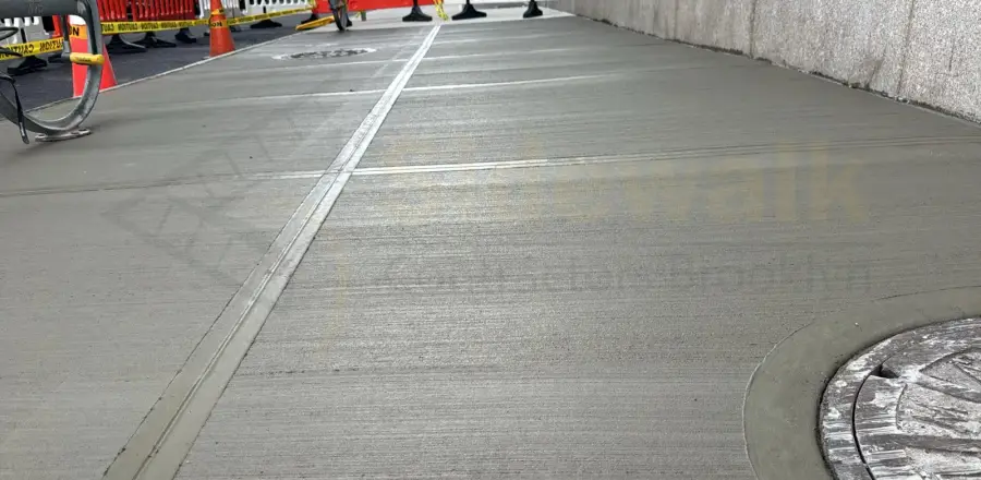 Wide new concrete sidewalk with expansion joints beside a city building
